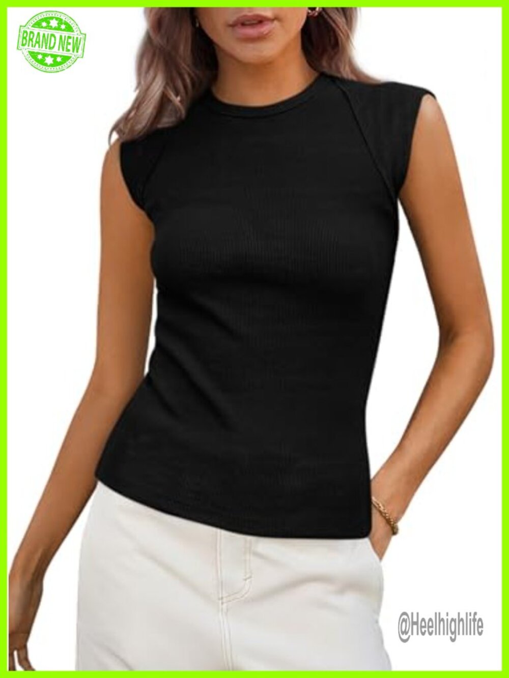PRETTYGARDEN Ribbed Tank Top Cap Sleeve Crew Neck Summer Fitted Basic Tee
